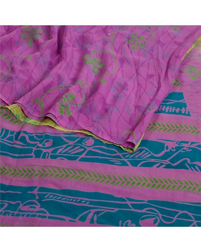 Sanskriti Vintage Sarees Purplegreen Pure Georgette Silk Print Sari Craft Fabric, PRG-13066-Purple &amp; Green-Printed Floral Design-Pure Georgette Silk-10