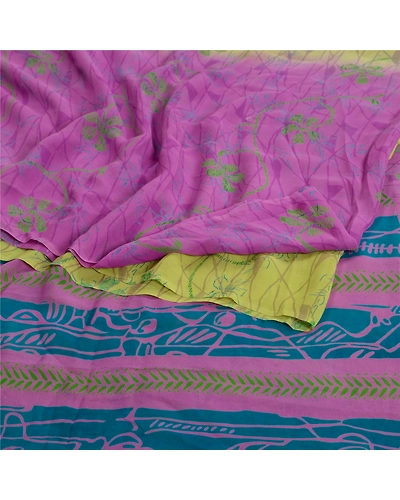 Sanskriti Vintage Sarees Purplegreen Pure Georgette Silk Print Sari Craft Fabric, PRG-13066-Purple &amp; Green-Printed Floral Design-Pure Georgette Silk-13