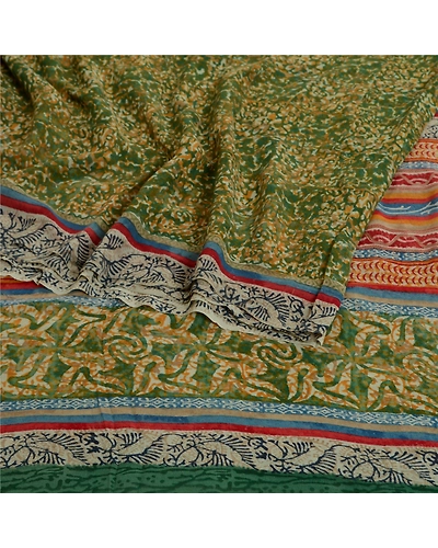 Sanskriti Vintage Sarees Green 100% Pure Georgette Silk Print Sari Craft Fabric, PRG-13071-Green-Printed Floral Design-Pure Georgette Silk-10