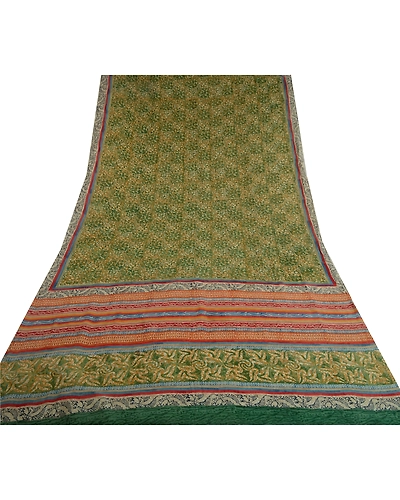 Sanskriti Vintage Sarees Green 100% Pure Georgette Silk Print Sari Craft Fabric, PRG-13071-Green-Printed Floral Design-Pure Georgette Silk-11