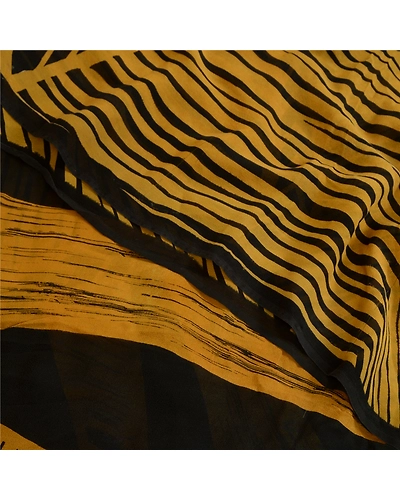 Sanskriti Vintage Sarees Black/Mustard Pure Georgette Printed Sari Craft Fabric, PRG-13081-Black &amp; Mustard-Printed Floral Design-Pure Georgette Silk-1