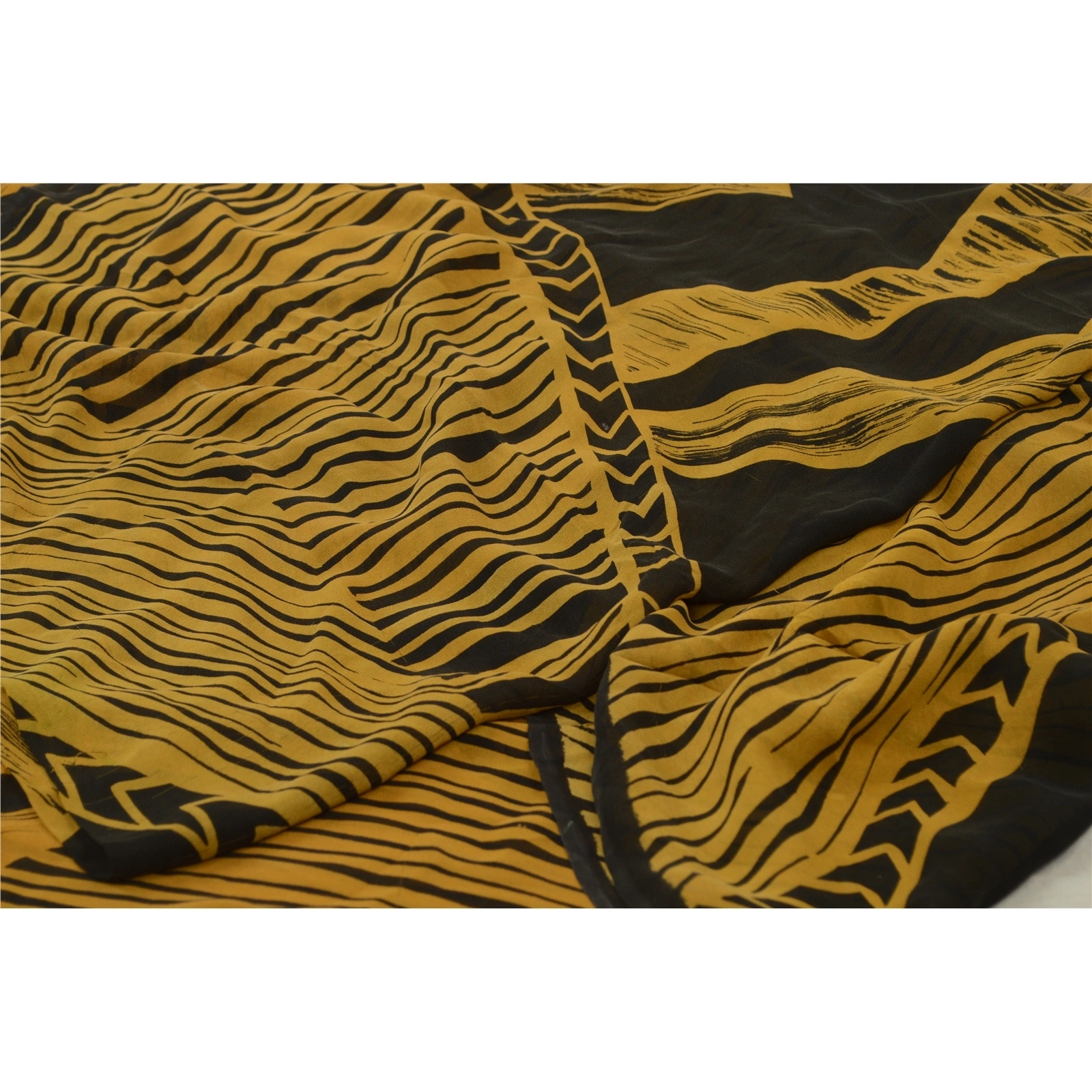 Sanskriti Vintage Sarees Black/Mustard Pure Georgette Printed Sari Craft Fabric, PRG-13081-Black &amp; Mustard-Printed Floral Design-Pure Georgette Silk-4