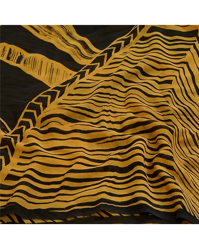 Sanskriti Vintage Sarees Black/Mustard Pure Georgette Printed Sari Craft Fabric, PRG-13081-Black &amp; Mustard-Printed Floral Design-Pure Georgette Silk-9