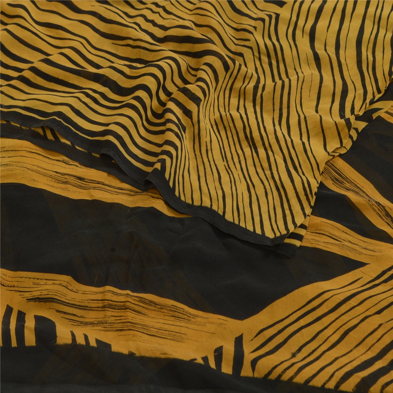 Sanskriti Vintage Sarees Black/Mustard Pure Georgette Printed Sari Craft Fabric, PRG-13081-Black &amp; Mustard-Printed Floral Design-Pure Georgette Silk-10