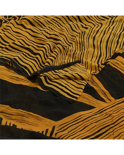 Sanskriti Vintage Sarees Black/Mustard Pure Georgette Printed Sari Craft Fabric, PRG-13081-Black &amp; Mustard-Printed Floral Design-Pure Georgette Silk-13