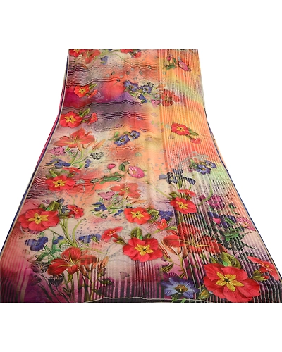 Sanskriti Vintage Indian Sarees Pure Georgette Silk Printed Sari Craft Fabric, PRG-13107-Multi-Printed Floral Design-Pure Georgette Silk-10