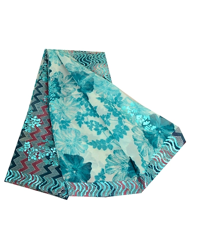 Sanskriti Vintage Sarees Pure Georgette Silk Printed/Painted Sari Craft Fabric, PRG-13112-Blue &amp; Ivory-Printed Floral Design-Pure Georgette Silk-2