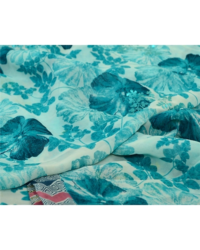 Sanskriti Vintage Sarees Pure Georgette Silk Printed/Painted Sari Craft Fabric, PRG-13112-Blue &amp; Ivory-Printed Floral Design-Pure Georgette Silk-3