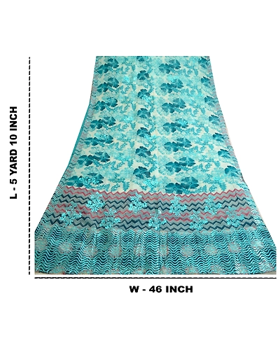 Sanskriti Vintage Sarees Pure Georgette Silk Printed/Painted Sari Craft Fabric, PRG-13112-Blue &amp; Ivory-Printed Floral Design-Pure Georgette Silk-4