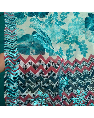 Sanskriti Vintage Sarees Pure Georgette Silk Printed/Painted Sari Craft Fabric, PRG-13112-Blue &amp; Ivory-Printed Floral Design-Pure Georgette Silk-5