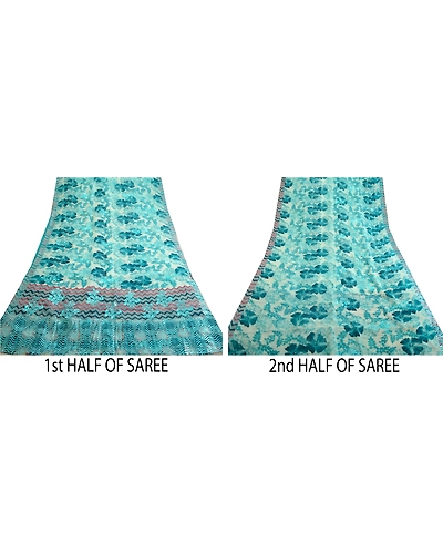 Sanskriti Vintage Sarees Pure Georgette Silk Printed/Painted Sari Craft Fabric, PRG-13112-Blue &amp; Ivory-Printed Floral Design-Pure Georgette Silk-6
