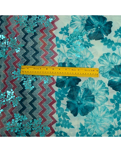Sanskriti Vintage Sarees Pure Georgette Silk Printed/Painted Sari Craft Fabric, PRG-13112-Blue &amp; Ivory-Printed Floral Design-Pure Georgette Silk-7