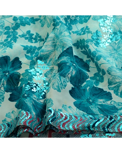 Sanskriti Vintage Sarees Pure Georgette Silk Printed/Painted Sari Craft Fabric, PRG-13112-Blue &amp; Ivory-Printed Floral Design-Pure Georgette Silk-8