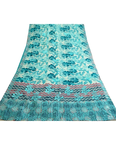 Sanskriti Vintage Sarees Pure Georgette Silk Printed/Painted Sari Craft Fabric, PRG-13112-Blue &amp; Ivory-Printed Floral Design-Pure Georgette Silk-10