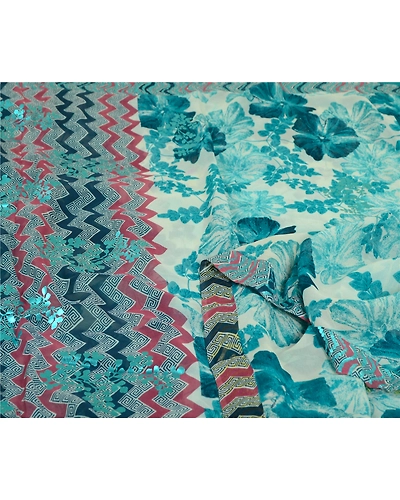 Sanskriti Vintage Sarees Pure Georgette Silk Printed/Painted Sari Craft Fabric, PRG-13112-Blue &amp; Ivory-Printed Floral Design-Pure Georgette Silk-11