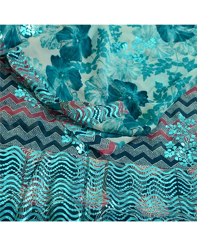 Sanskriti Vintage Sarees Pure Georgette Silk Printed/Painted Sari Craft Fabric, PRG-13112-Blue &amp; Ivory-Printed Floral Design-Pure Georgette Silk-12