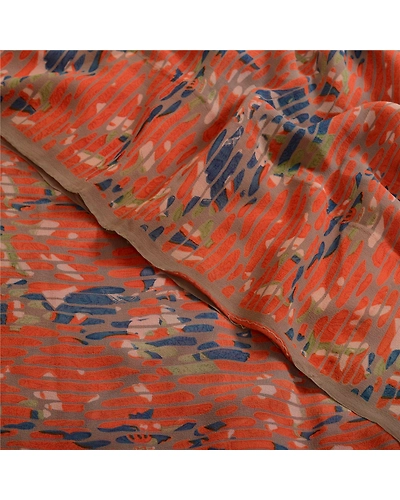 Sanskriti Vintage Orange Sarees Pure Georgette Silk Printed Sari Craft Fabric, PRG-13127-Orange-Printed Work-Pure Georgette Silk-1