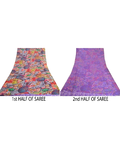 Sanskriti Vintage Sarees Georgette Sari Digital Printed Sari Soft Craft Fabric, PRG-10001-Purple-Printed Floral Design-Georgette-6