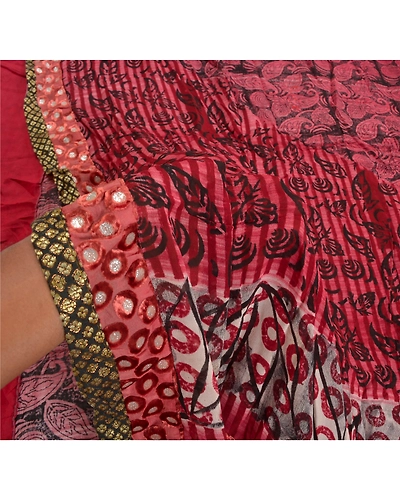 Sanskriti Vintage Sarees Red Blend Georgette Floral Printed Sari Craft Fabric, PRG-10004-Red-Printed Floral Design-Georgette-5