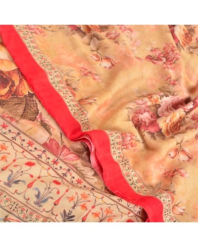 Sanskriti Vintage Beige Sarees Poly Georgette Printed Sari Craft Fabric, PRG-10009-Beige-Printed Floral Design-Poly-Georgette-1