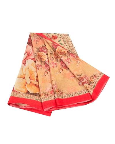 Sanskriti Vintage Beige Sarees Poly Georgette Printed Sari Craft Fabric, PRG-10009-Beige-Printed Floral Design-Poly-Georgette-2