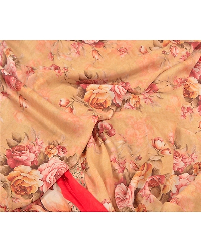 Sanskriti Vintage Beige Sarees Poly Georgette Printed Sari Craft Fabric, PRG-10009-Beige-Printed Floral Design-Poly-Georgette-3