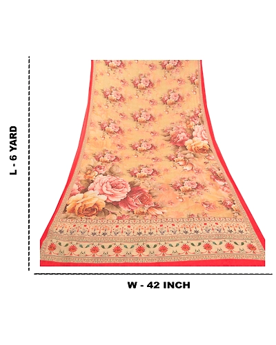 Sanskriti Vintage Beige Sarees Poly Georgette Printed Sari Craft Fabric, PRG-10009-Beige-Printed Floral Design-Poly-Georgette-4