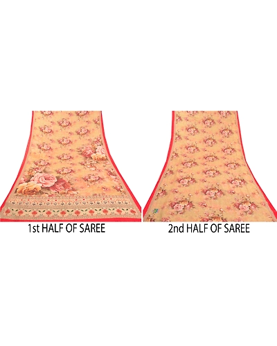 Sanskriti Vintage Beige Sarees Poly Georgette Printed Sari Craft Fabric, PRG-10009-Beige-Printed Floral Design-Poly-Georgette-6