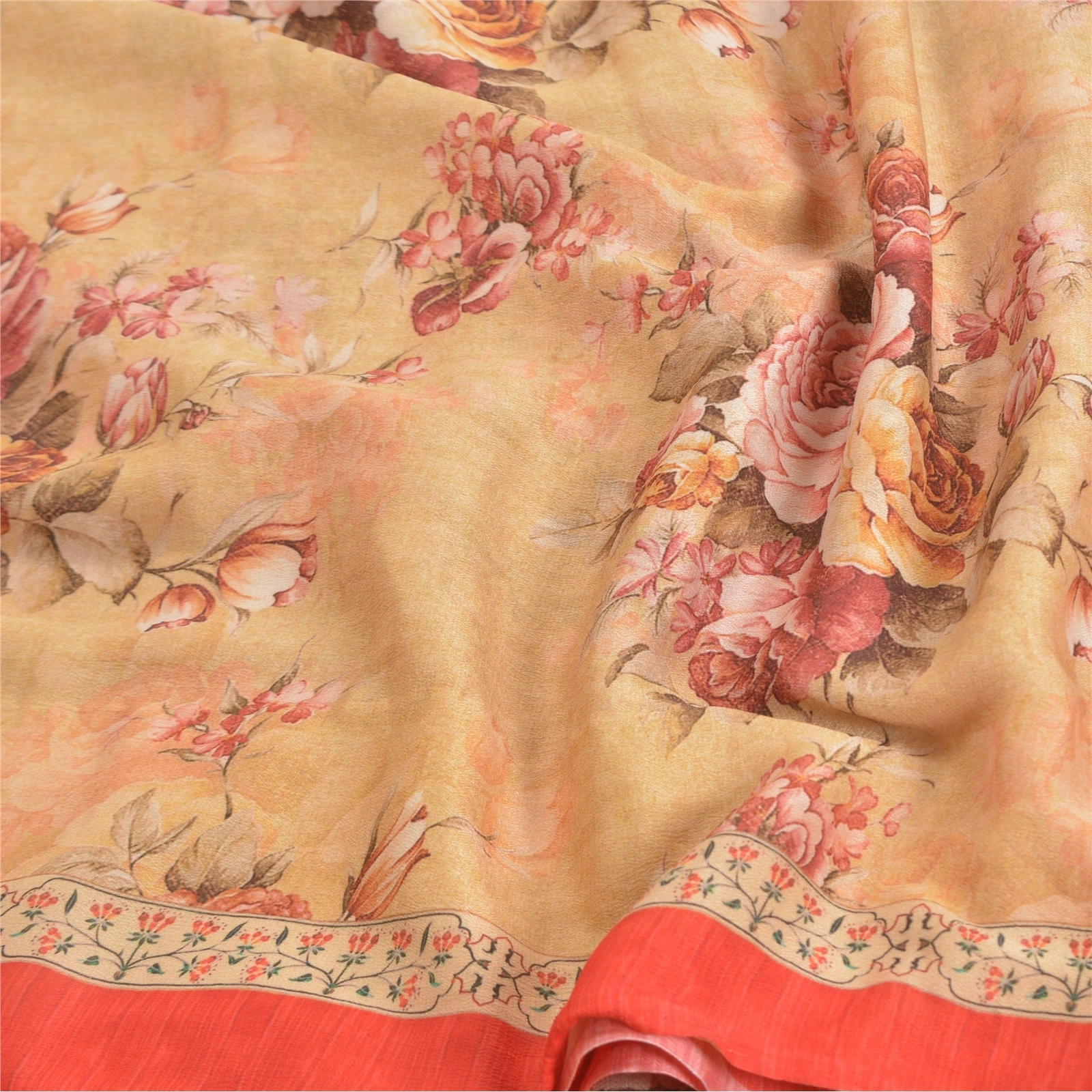 Sanskriti Vintage Beige Sarees Poly Georgette Printed Sari Craft Fabric, PRG-10009-Beige-Printed Floral Design-Poly-Georgette-7