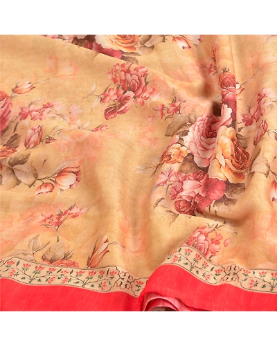 Sanskriti Vintage Beige Sarees Poly Georgette Printed Sari Craft Fabric, PRG-10009-Beige-Printed Floral Design-Poly-Georgette-7