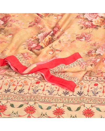 Sanskriti Vintage Beige Sarees Poly Georgette Printed Sari Craft Fabric, PRG-10009-Beige-Printed Floral Design-Poly-Georgette-8
