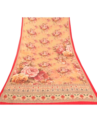Sanskriti Vintage Beige Sarees Poly Georgette Printed Sari Craft Fabric, PRG-10009-Beige-Printed Floral Design-Poly-Georgette-9