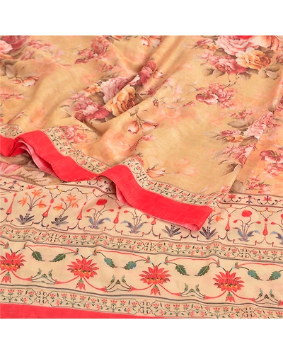 Sanskriti Vintage Beige Sarees Poly Georgette Printed Sari Craft Fabric, PRG-10009-Beige-Printed Floral Design-Poly-Georgette-10