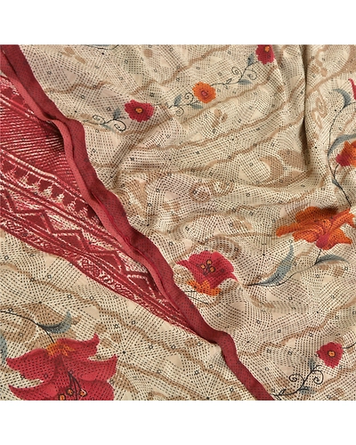 Sanskriti Vintage Shade Of Ivory Sarees Poly Georgette Printed Sari Craft Fabric, PRG-10013-Shade Of Ivory-Printed Floral Design-Poly-Georgette-1