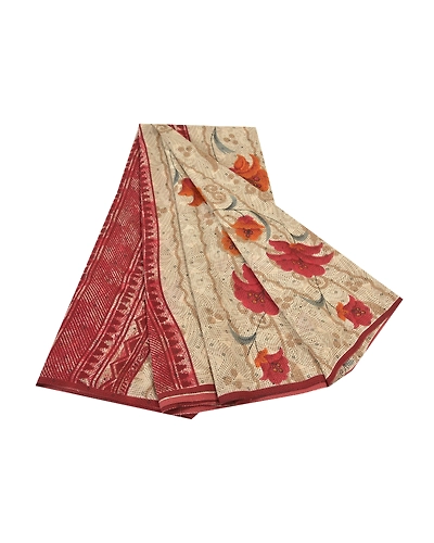 Sanskriti Vintage Shade Of Ivory Sarees Poly Georgette Printed Sari Craft Fabric, PRG-10013-Shade Of Ivory-Printed Floral Design-Poly-Georgette-2