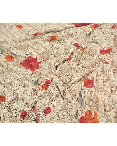 Sanskriti Vintage Shade Of Ivory Sarees Poly Georgette Printed Sari Craft Fabric, PRG-10013-Shade Of Ivory-Printed Floral Design-Poly-Georgette-3