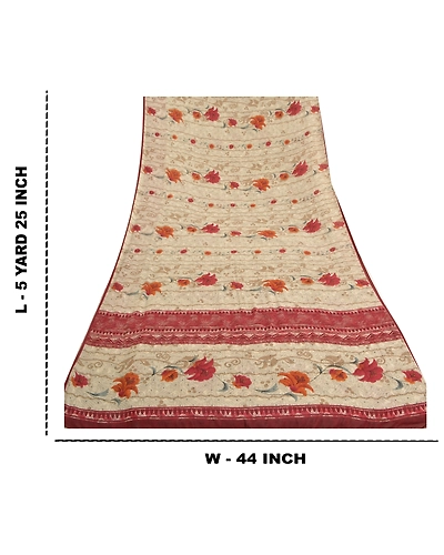 Sanskriti Vintage Shade Of Ivory Sarees Poly Georgette Printed Sari Craft Fabric, PRG-10013-Shade Of Ivory-Printed Floral Design-Poly-Georgette-4