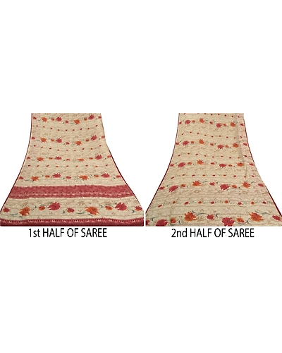 Sanskriti Vintage Shade Of Ivory Sarees Poly Georgette Printed Sari Craft Fabric, PRG-10013-Shade Of Ivory-Printed Floral Design-Poly-Georgette-6