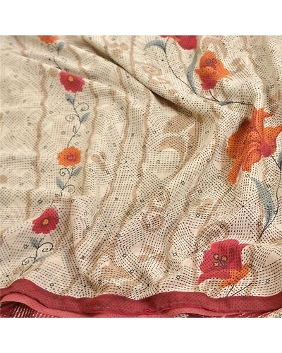 Sanskriti Vintage Shade Of Ivory Sarees Poly Georgette Printed Sari Craft Fabric, PRG-10013-Shade Of Ivory-Printed Floral Design-Poly-Georgette-7