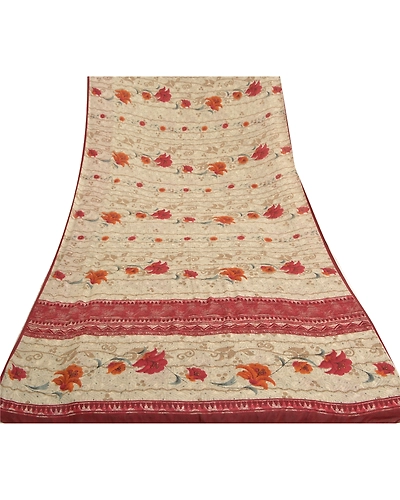 Sanskriti Vintage Shade Of Ivory Sarees Poly Georgette Printed Sari Craft Fabric, PRG-10013-Shade Of Ivory-Printed Floral Design-Poly-Georgette-9