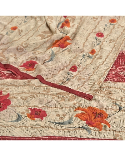 Sanskriti Vintage Shade Of Ivory Sarees Poly Georgette Printed Sari Craft Fabric, PRG-10013-Shade Of Ivory-Printed Floral Design-Poly-Georgette-10
