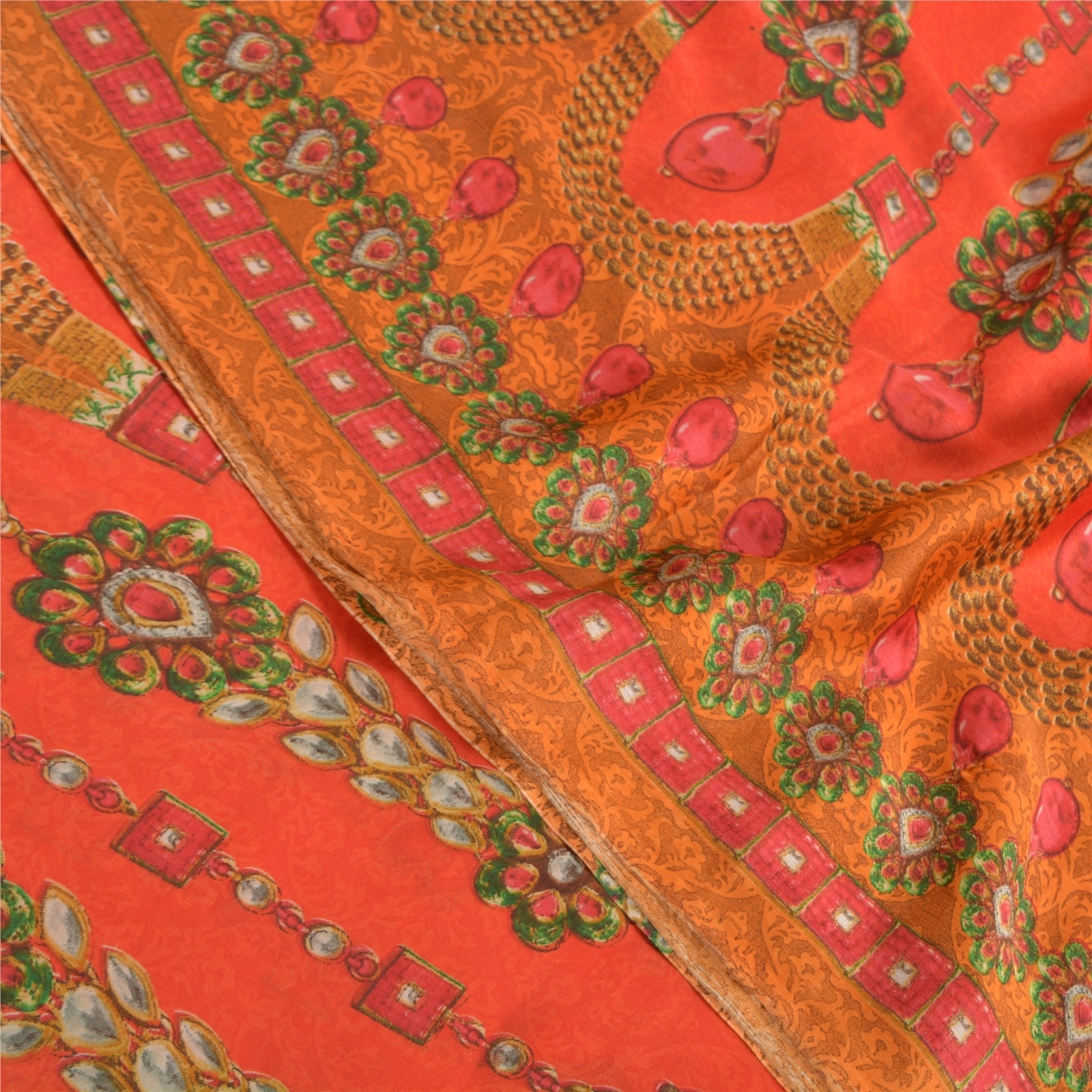 Sanskriti Vintage Red&amp; Orangesarees Poly Georgette Printed 5Yd Sari Craft Fabric, PRG-10020-Red &amp; Orange-Printed Floral Design-Poly-Georgette-1