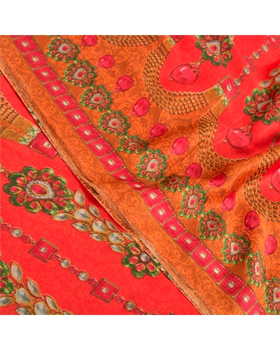 Sanskriti Vintage Red&amp; Orangesarees Poly Georgette Printed 5Yd Sari Craft Fabric, PRG-10020-Red &amp; Orange-Printed Floral Design-Poly-Georgette-1