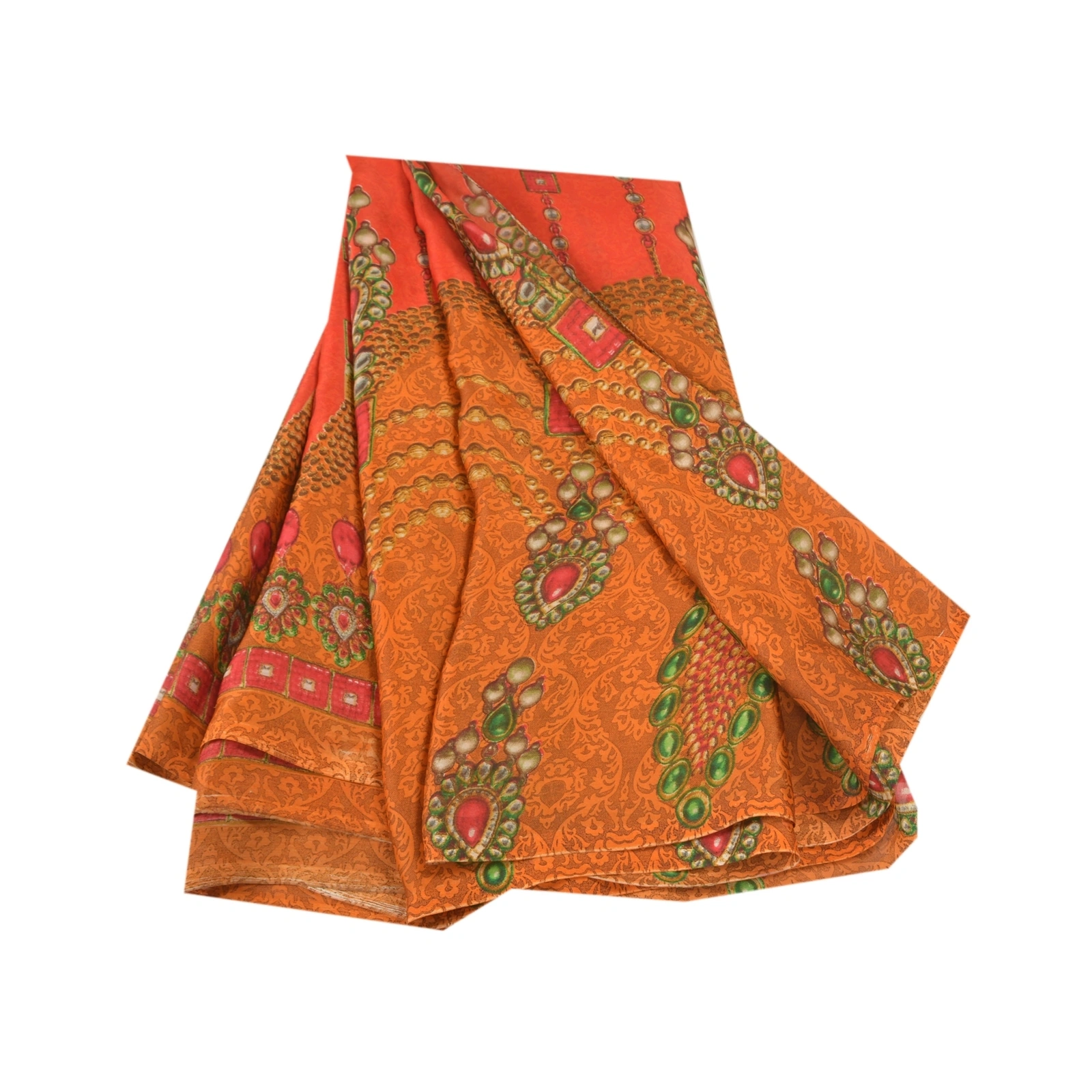 Sanskriti Vintage Red&amp; Orangesarees Poly Georgette Printed 5Yd Sari Craft Fabric, PRG-10020-Red &amp; Orange-Printed Floral Design-Poly-Georgette-2