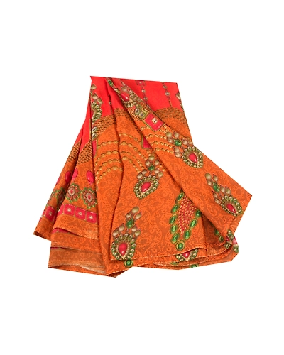 Sanskriti Vintage Red&amp; Orangesarees Poly Georgette Printed 5Yd Sari Craft Fabric, PRG-10020-Red &amp; Orange-Printed Floral Design-Poly-Georgette-2