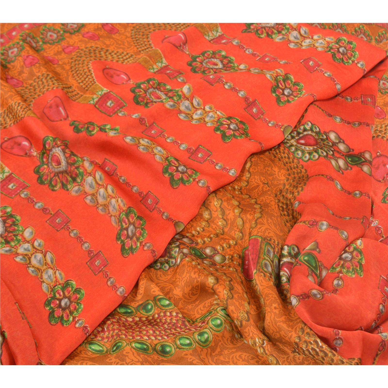 Sanskriti Vintage Red&amp; Orangesarees Poly Georgette Printed 5Yd Sari Craft Fabric, PRG-10020-Red &amp; Orange-Printed Floral Design-Poly-Georgette-3