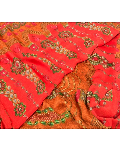 Sanskriti Vintage Red&amp; Orangesarees Poly Georgette Printed 5Yd Sari Craft Fabric, PRG-10020-Red &amp; Orange-Printed Floral Design-Poly-Georgette-3