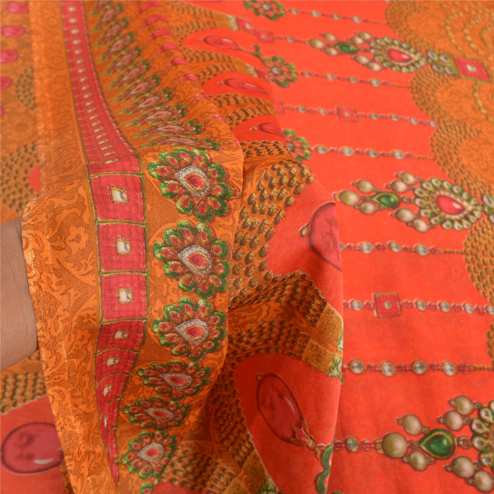 Sanskriti Vintage Red&amp; Orangesarees Poly Georgette Printed 5Yd Sari Craft Fabric, PRG-10020-Red &amp; Orange-Printed Floral Design-Poly-Georgette-5