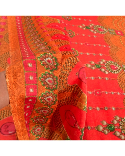 Sanskriti Vintage Red&amp; Orangesarees Poly Georgette Printed 5Yd Sari Craft Fabric, PRG-10020-Red &amp; Orange-Printed Floral Design-Poly-Georgette-5