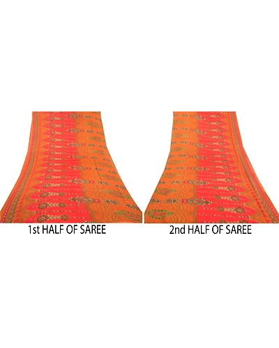 Sanskriti Vintage Red&amp; Orangesarees Poly Georgette Printed 5Yd Sari Craft Fabric, PRG-10020-Red &amp; Orange-Printed Floral Design-Poly-Georgette-6